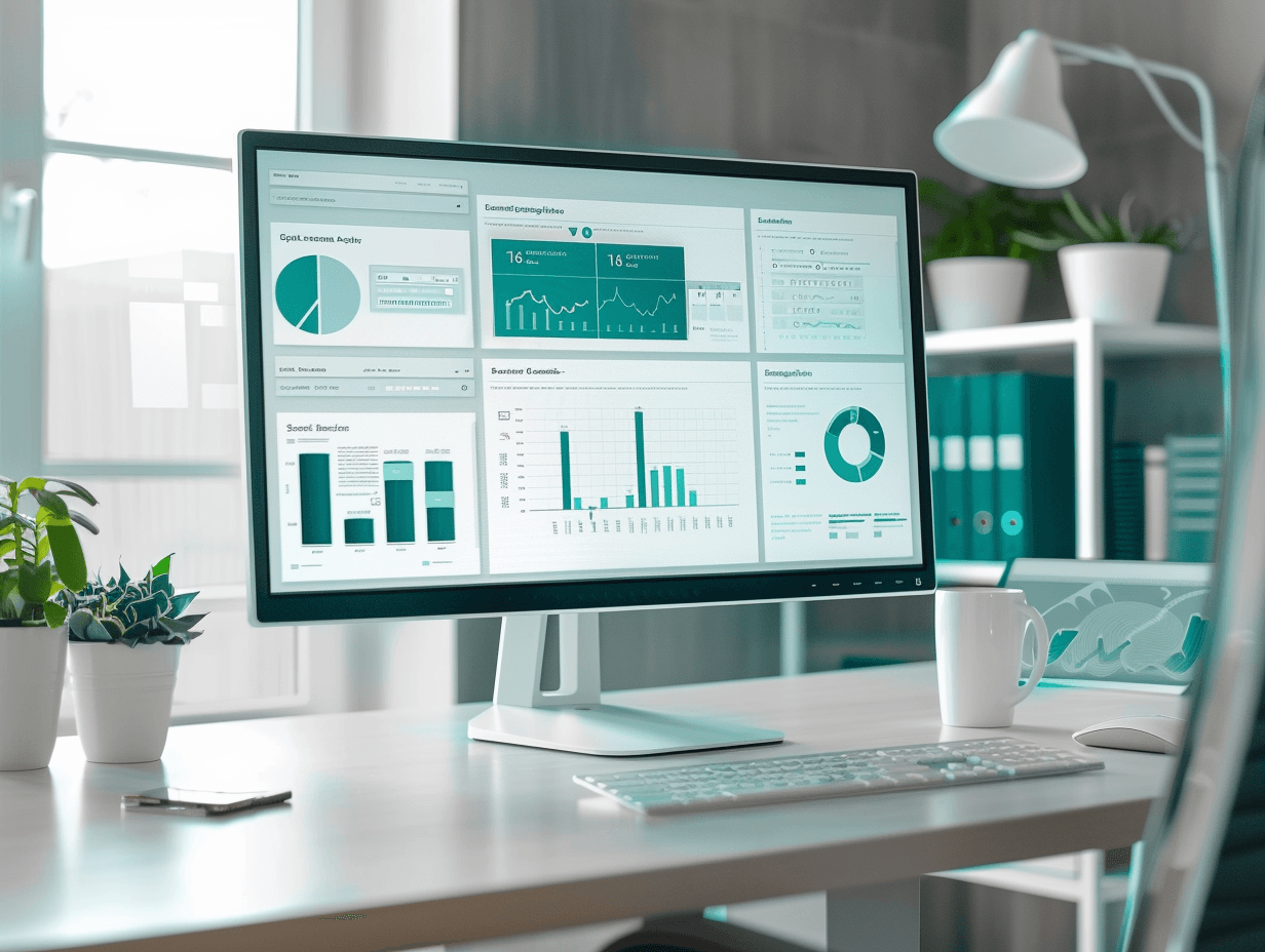 Monitor met teal Brickl OS dashboard en grafieken.